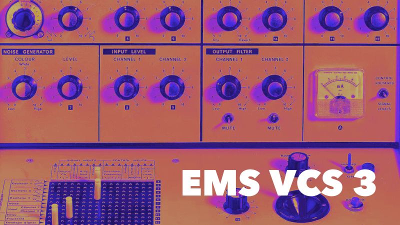 EMS VCS 3のコントロールパネルの拡大画像。パッチマトリクスと各種ノブが並ぶデザイン。