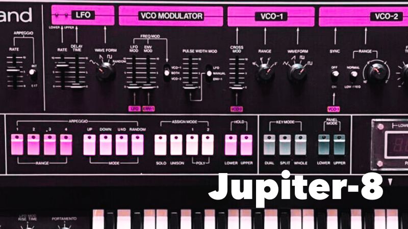 Jupiter-8のコントロールパネル拡大画像。スライダーとボタンが整然と並ぶデザイン。