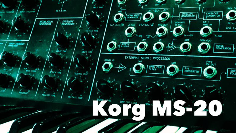 Korg MS-20のコントロールパネル拡大画像。パッチパネルとノブが特徴的なデザイン。