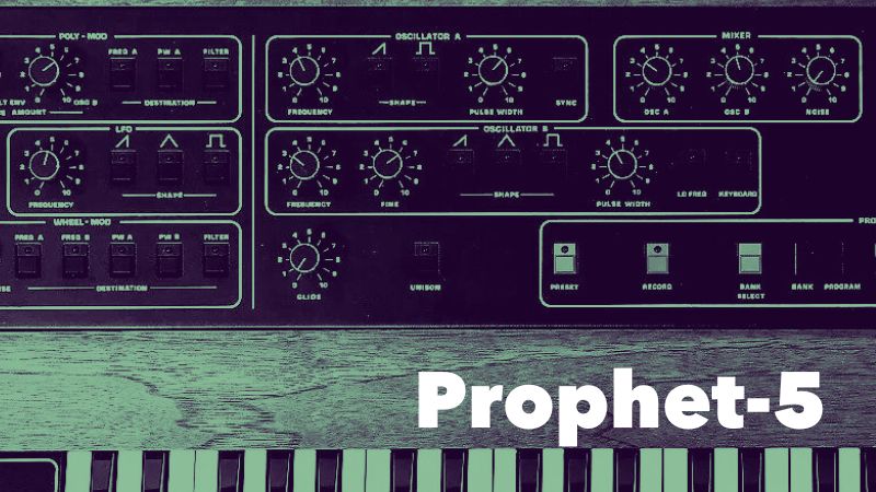 Prophet-5のコントロールパネル拡大画像。ノブとスイッチが整然と配置されたデザイン。