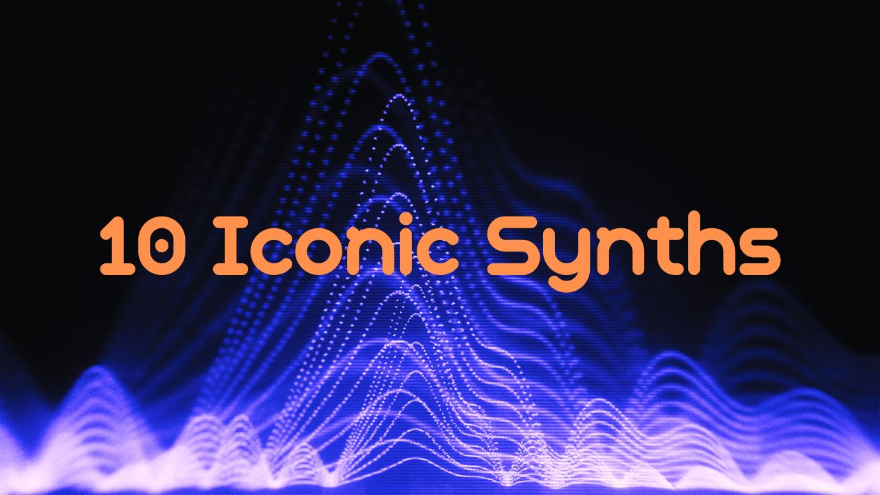 抽象的な波形の模様をバックに10 Iconic Synthsのロゴ