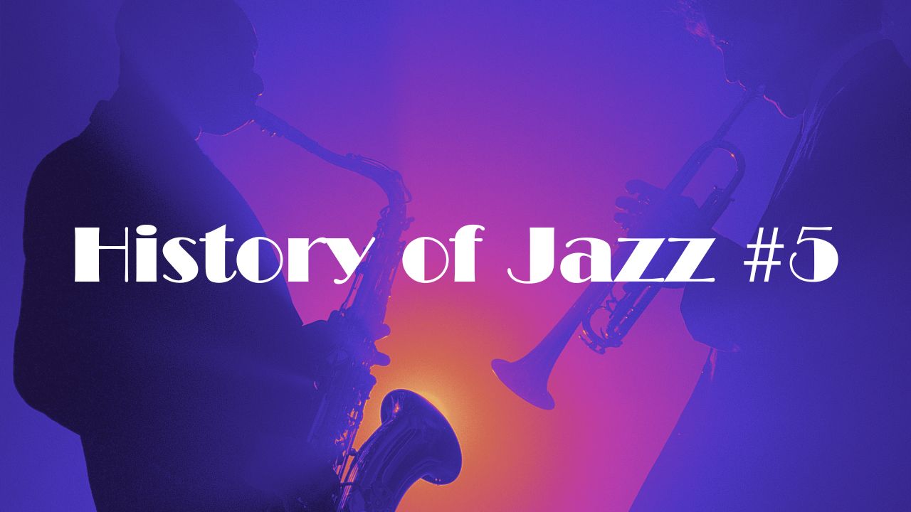 逆光でのなか演奏するジャズマンたちをバックにHistory of Jazz #5 の文字